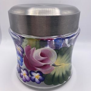 Glass hand painted floral jar